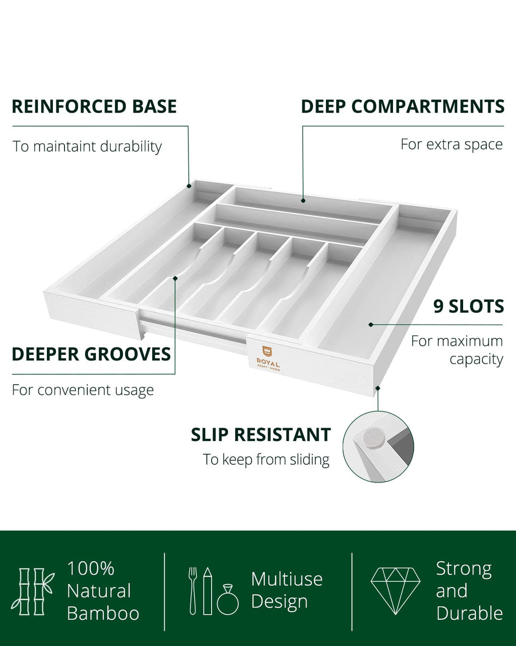 9-Compartment Silverware Drawer Organizer – White