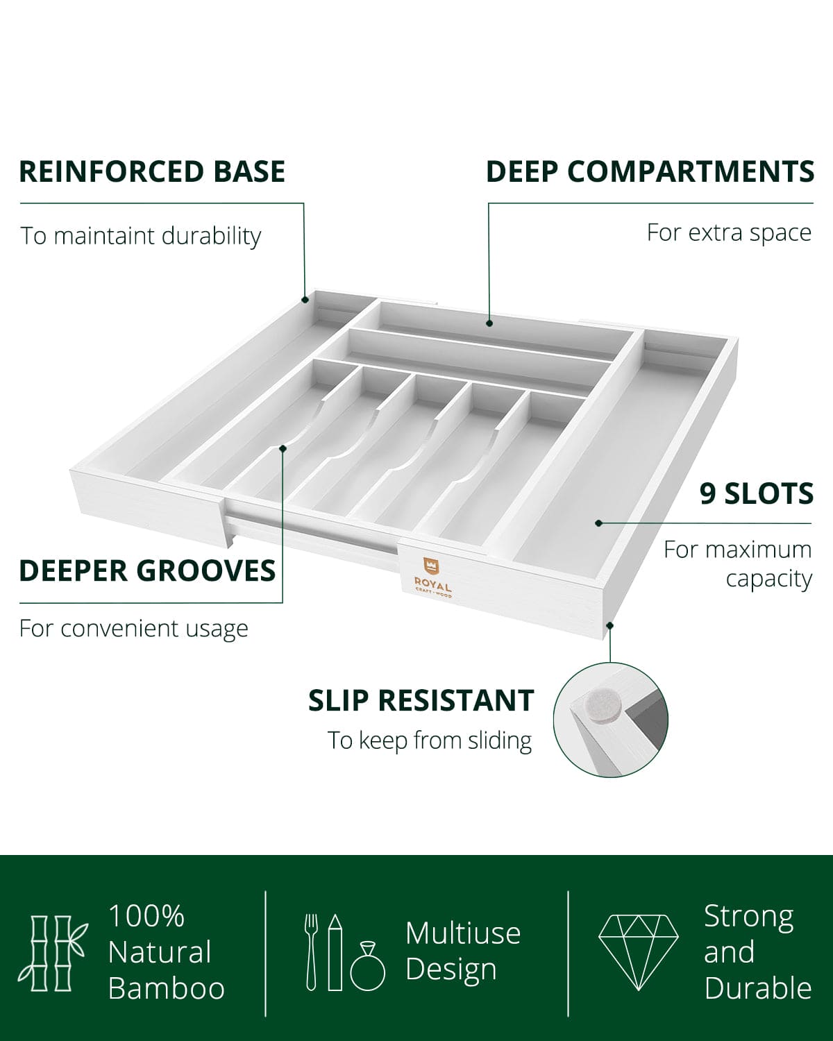 9-Compartment Silverware Drawer Organizer – White