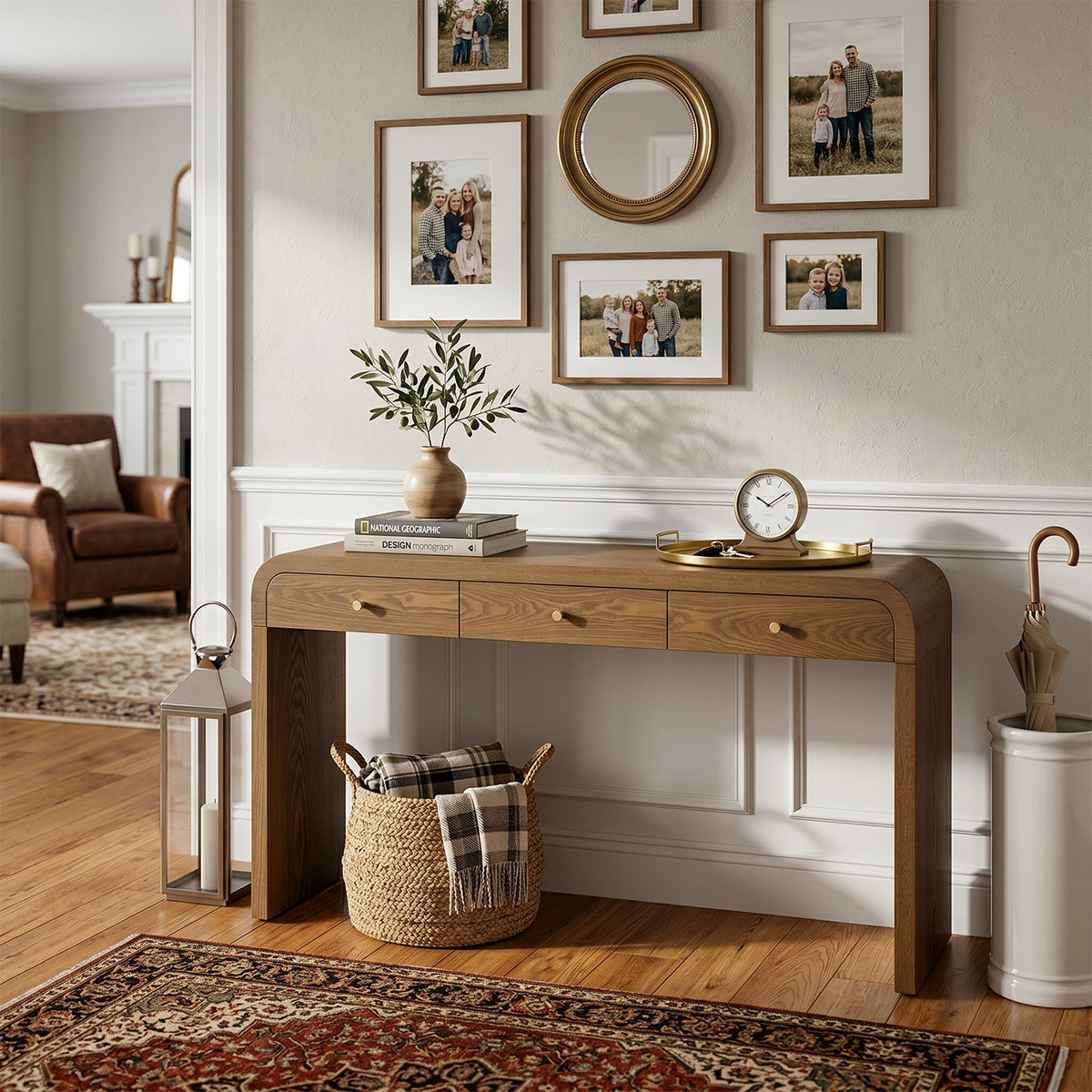 Walnut Curved Design 3-Drawer Long Console Table with Ample Storage - Walnut